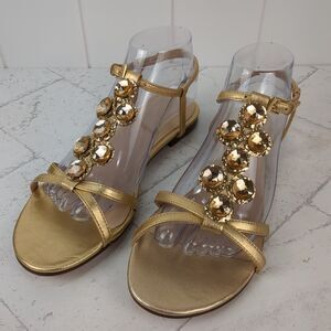 KATE SPADE Gold Metallic Stacey Flat Sandals Rhinestone Strappy Size 8.5 M